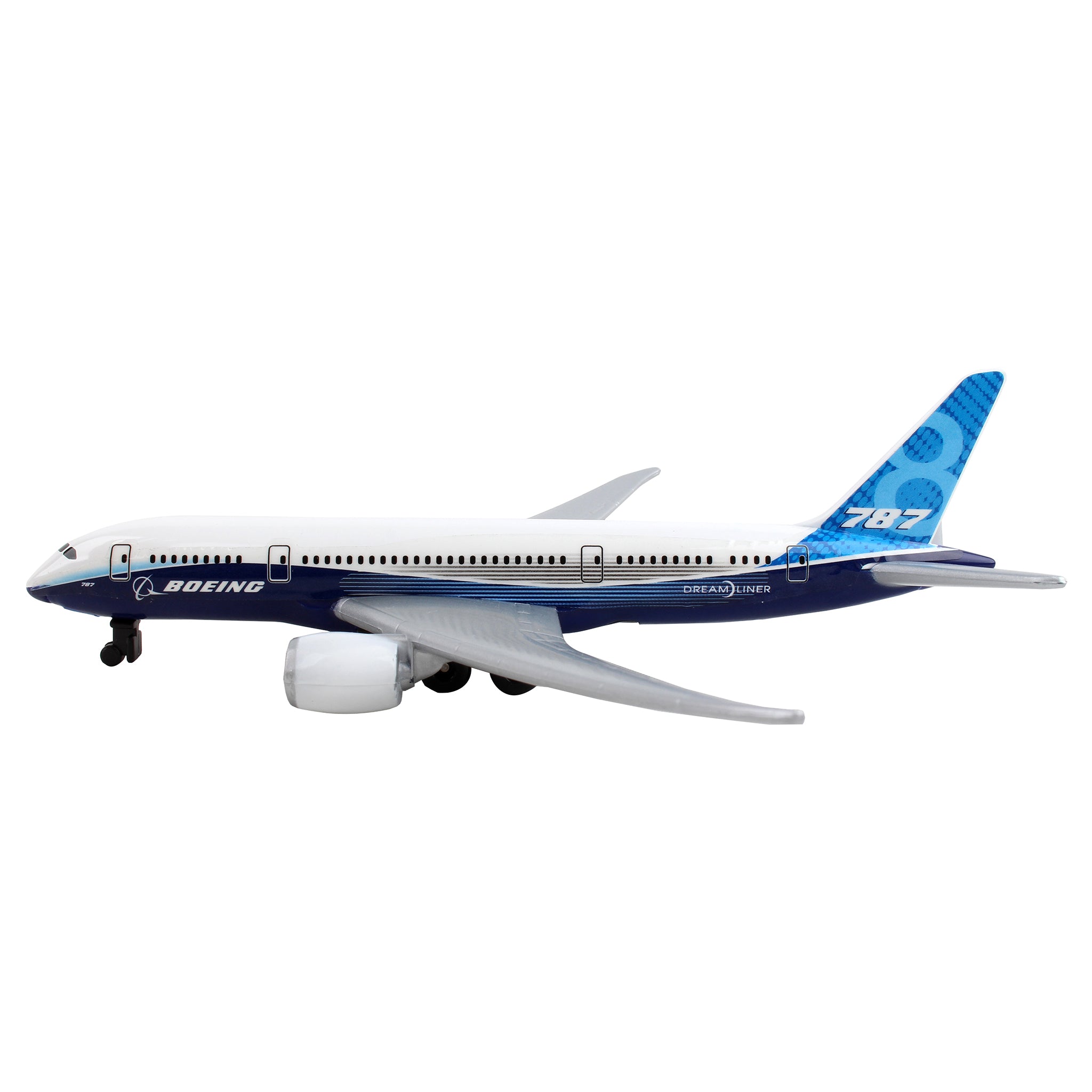 The Daron Boeing 787 Dreamliner Die-Cast Toy boasts a blue and white design with detailed wings, engines, and a tail displaying 787. Featuring Boeing Dreamliner on the fuselage, its ideal for any aviation enthusiasts collection.