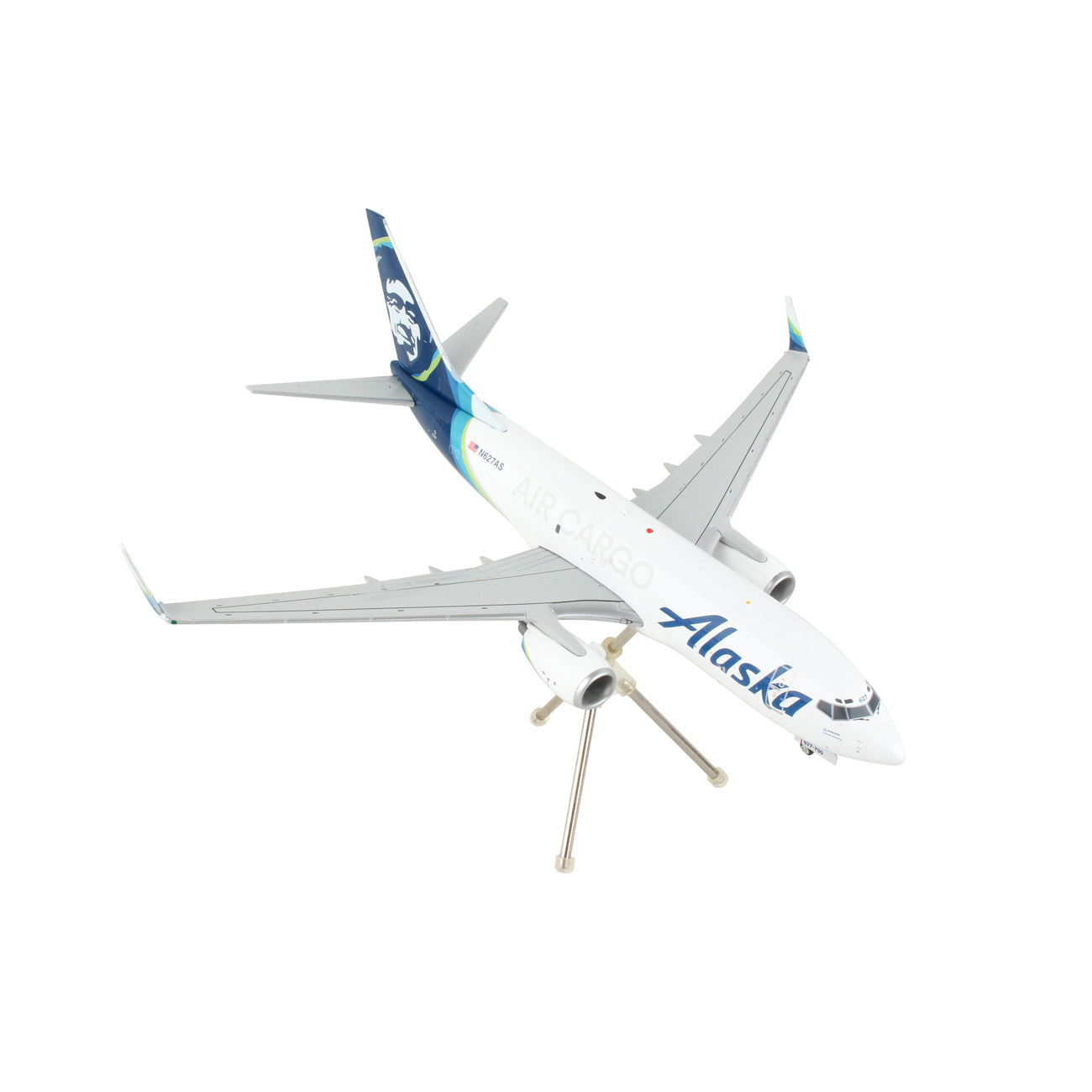 The Daron Alaska Airlines Boeing 737-700 Cargo 1:200 Model is a die-cast airplane with Air Cargo branding, blue and green accents on its tail and winglets, displayed on a stand against a white background.