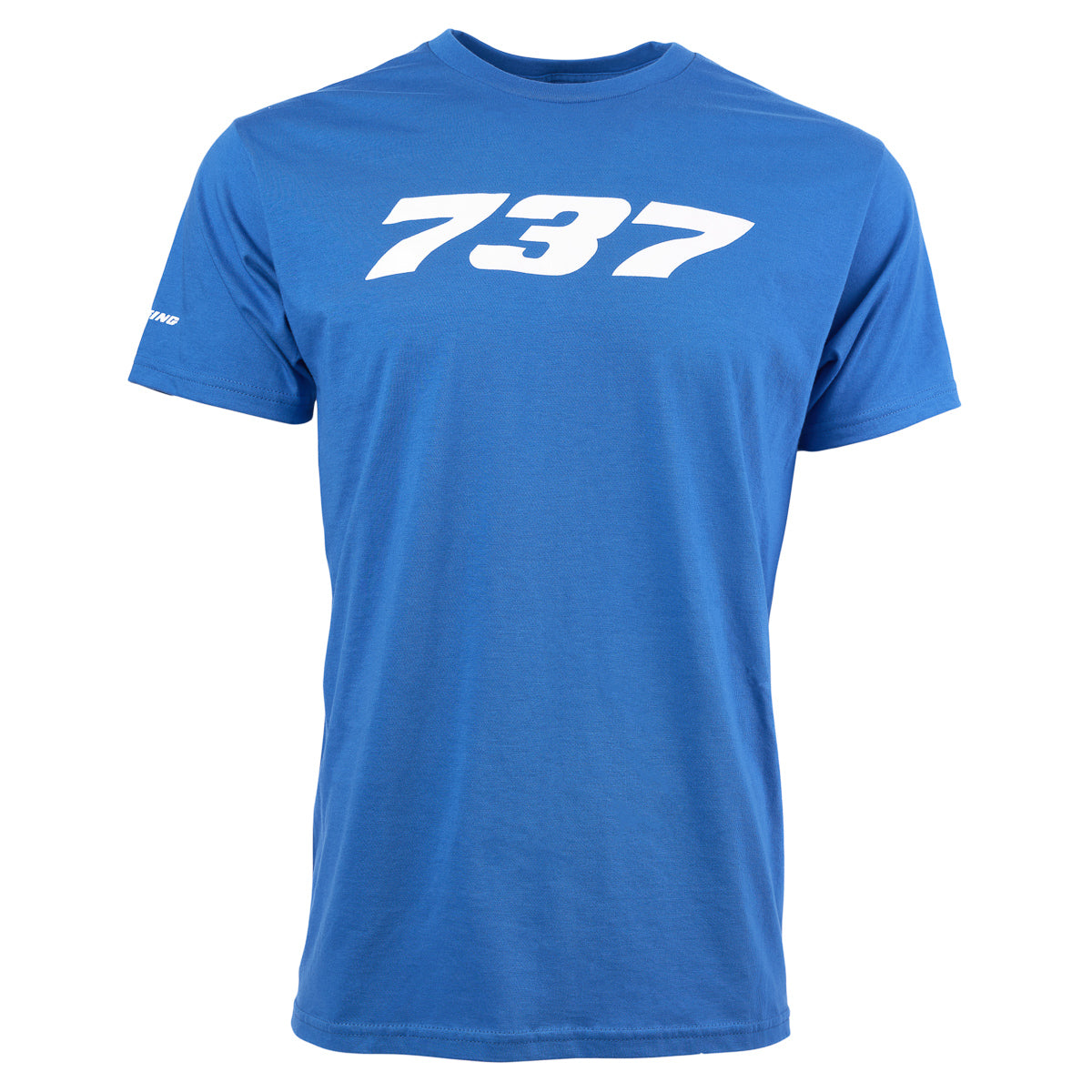 The Boeing Store’s Boeing 737 Stratotype Unisex T-Shirt features “737” in bold white print on blue cotton, with short sleeves and a classic crew neckline—ideal for aviation fans.