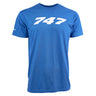The Boeing Stores Boeing 747 Stratotype Unisex T-Shirt is blue, made from preshrunk cotton, and features large white 747 numbers on the front—a must-have for aviation enthusiasts.