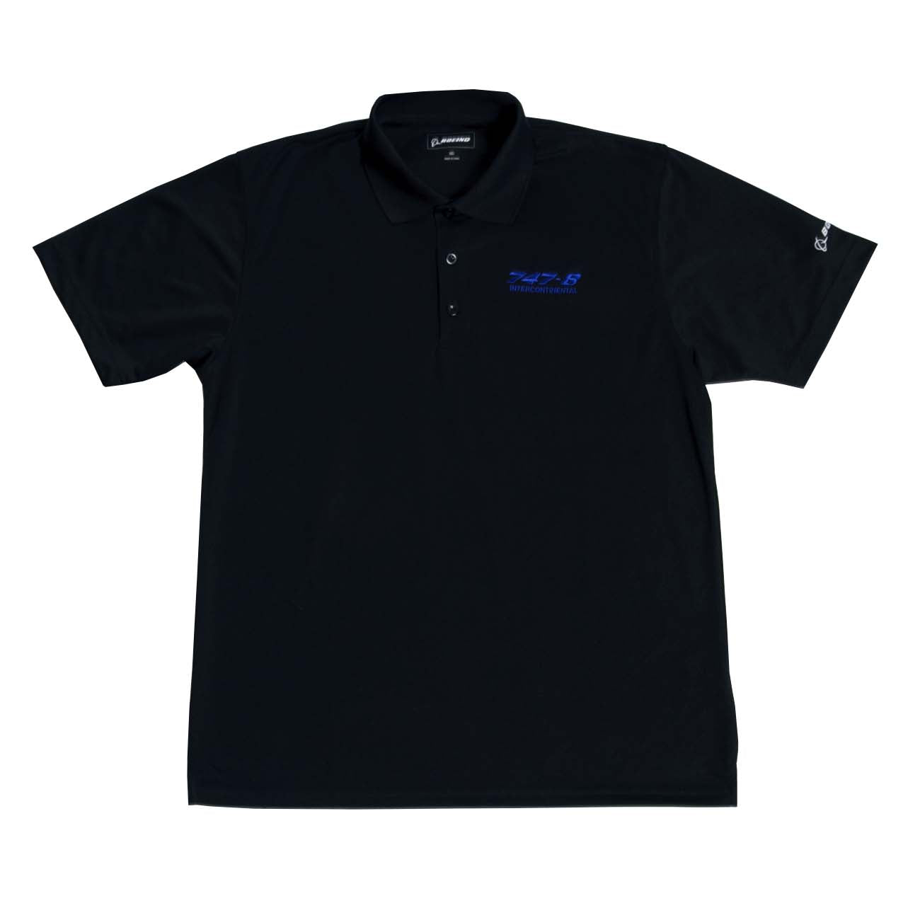 Boeing 747 Polo by The Boeing Store: A black polo shirt with a collared, button-up design featuring a blue embroidered left chest logo. Made from moisture-wicking fabric, it also provides UV protection for enhanced comfort and safety.