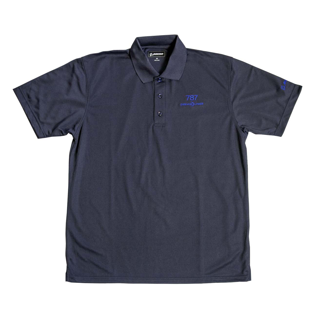 The Boeing Stores Boeing 787 Polo is a dark gray moisture-wicking shirt with a collar and buttons. It features a subtle blue embroidered 787 Dreamliner logo on the left chest, perfect for aviation fans.