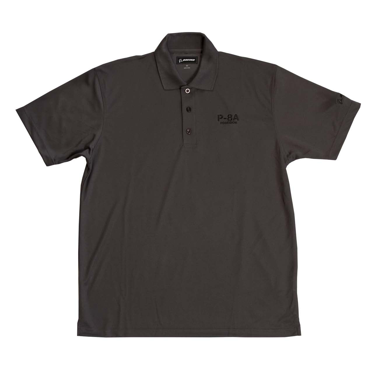 The Boeing Stores Boeing P-8A Polo is a black, moisture-wicking short-sleeve shirt with a three-button collar, UV protection, and a subtle chest logo displayed on a white background.