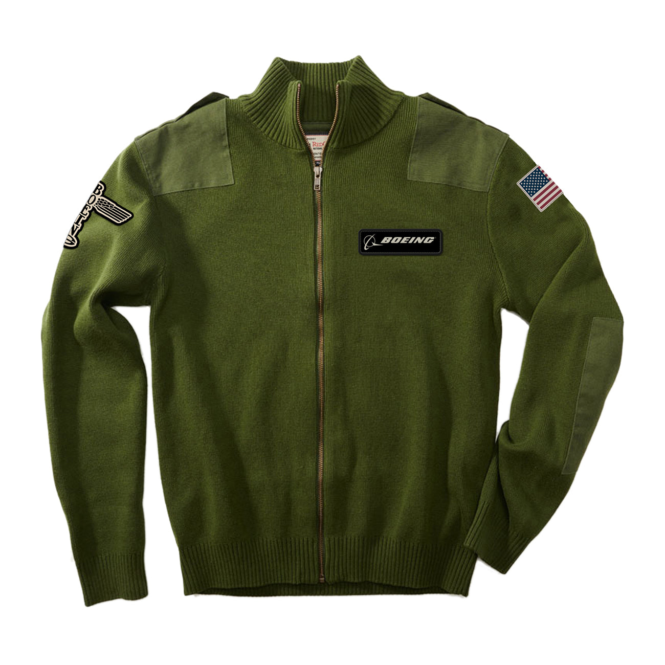 The Boeing Stores Red Canoe Boeing Airplane Logo Cardigan is a green zip-up made from 100% cotton, featuring a YKK zipper, shoulder and elbow patches for a military-style look, with a Boeing patch on the left chest and an American flag on the right arm.