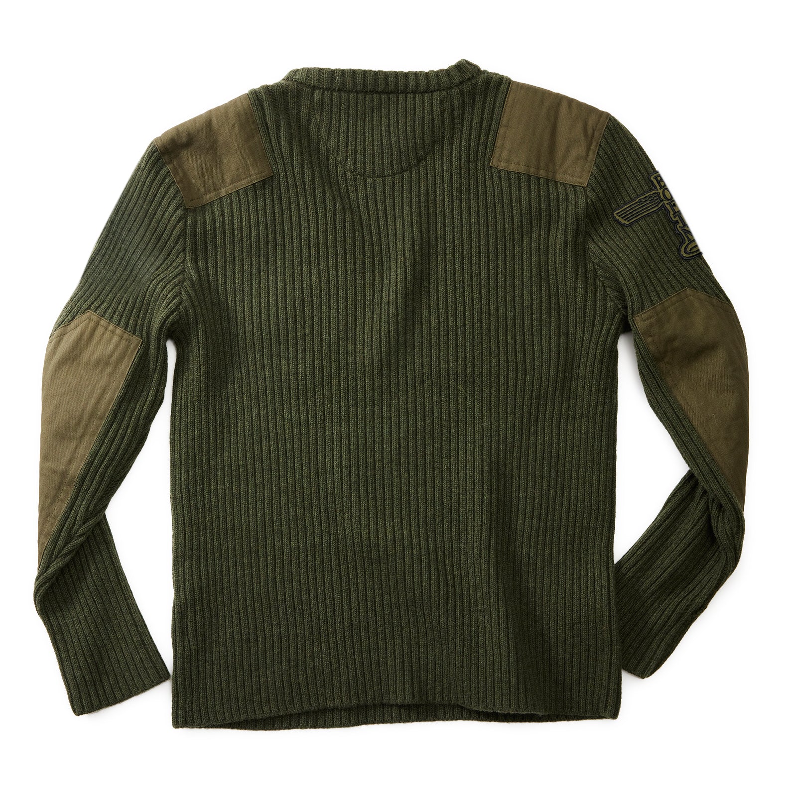 The Red Canoe Boeing Ribbed Crewneck Sweater from The Boeing Store is a dark green, ribbed layer with reinforced olive shoulder and elbow patches, shown flat and backward for style and added warmth.