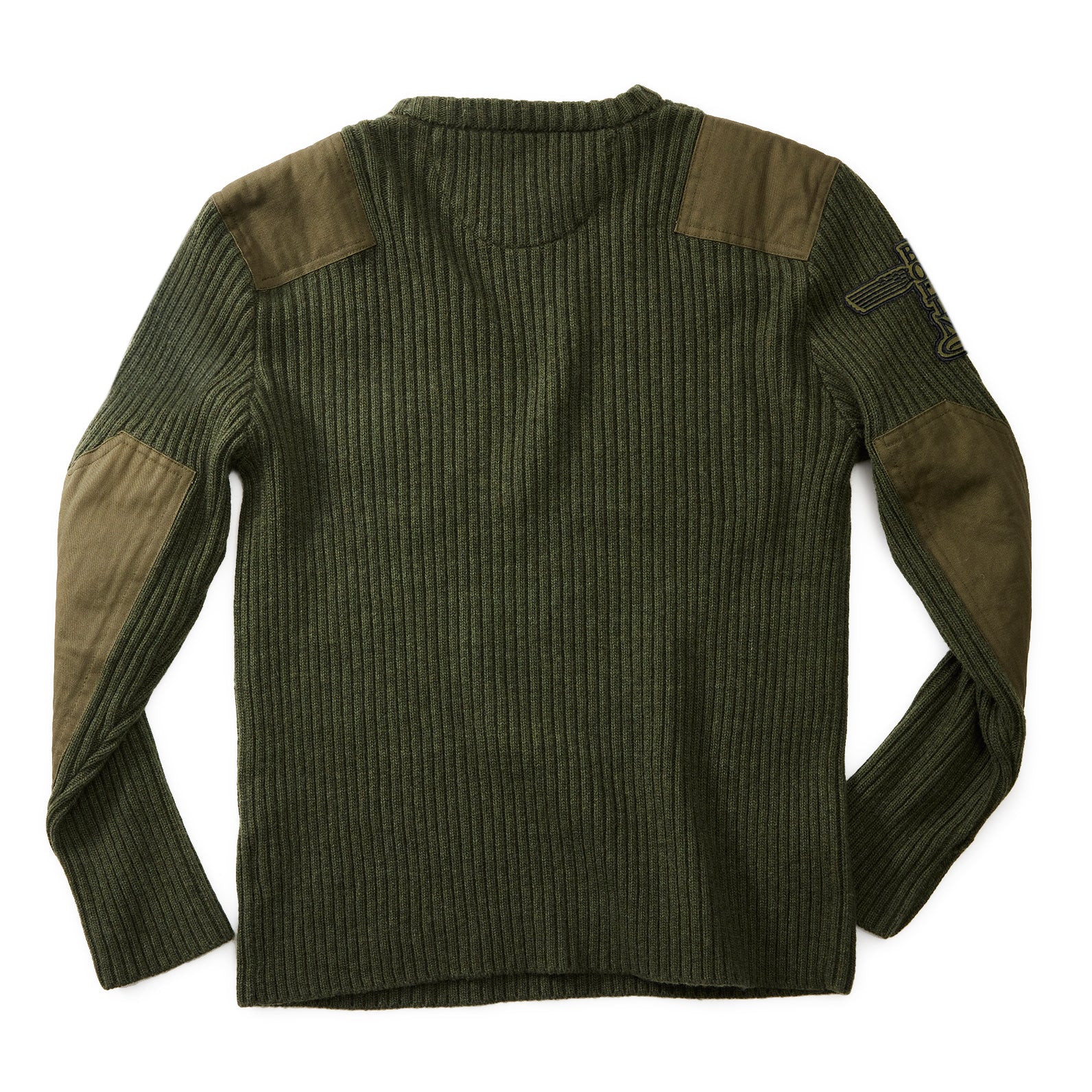 The Red Canoe Boeing Ribbed Crewneck Sweater from The Boeing Store is a dark green, ribbed layer with reinforced olive shoulder and elbow patches, shown flat and backward for style and added warmth.