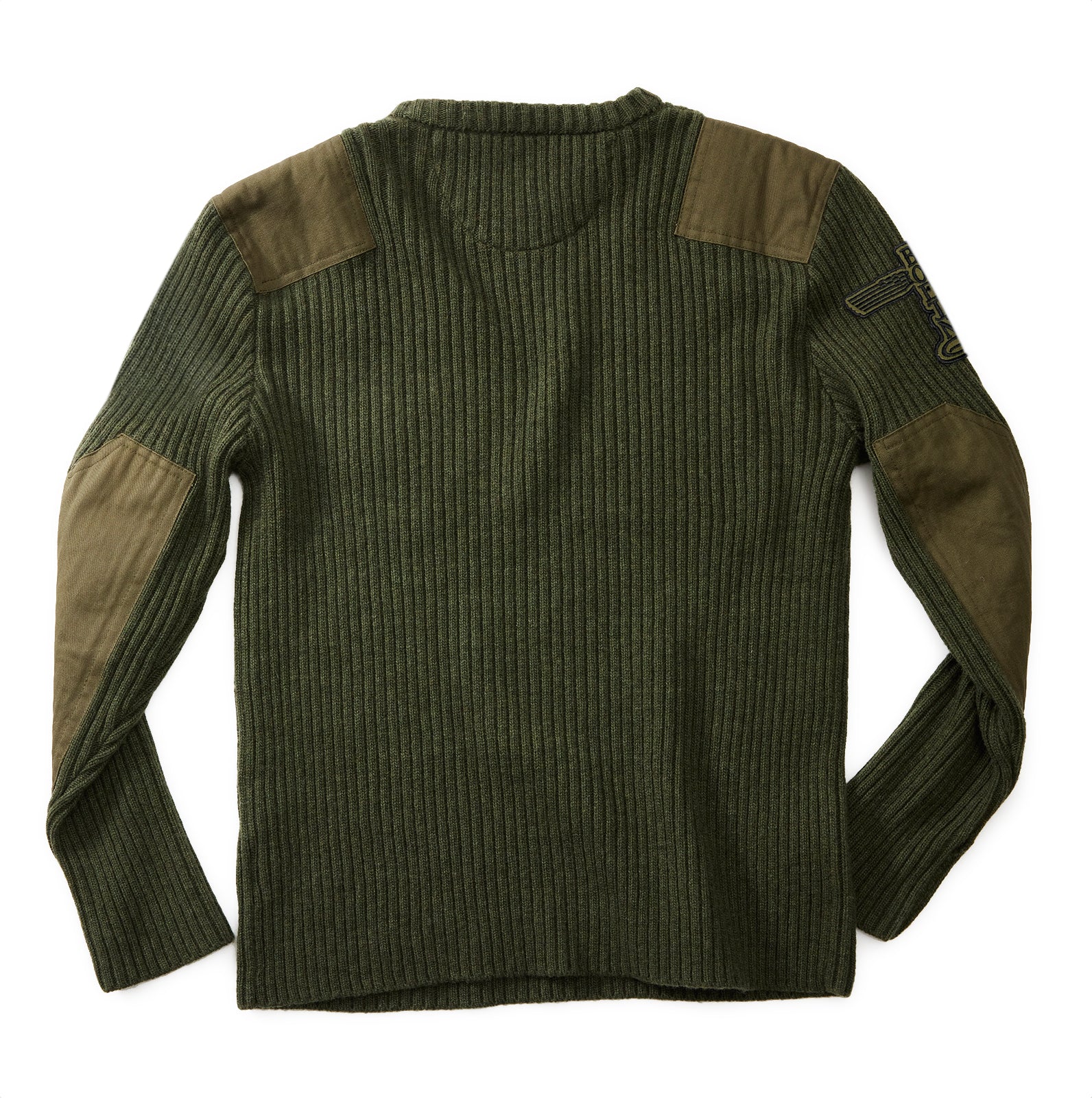 The Red Canoe Boeing Ribbed Crewneck Sweater from The Boeing Store is a dark green, ribbed layer with reinforced olive shoulder and elbow patches, shown flat and backward for style and added warmth.