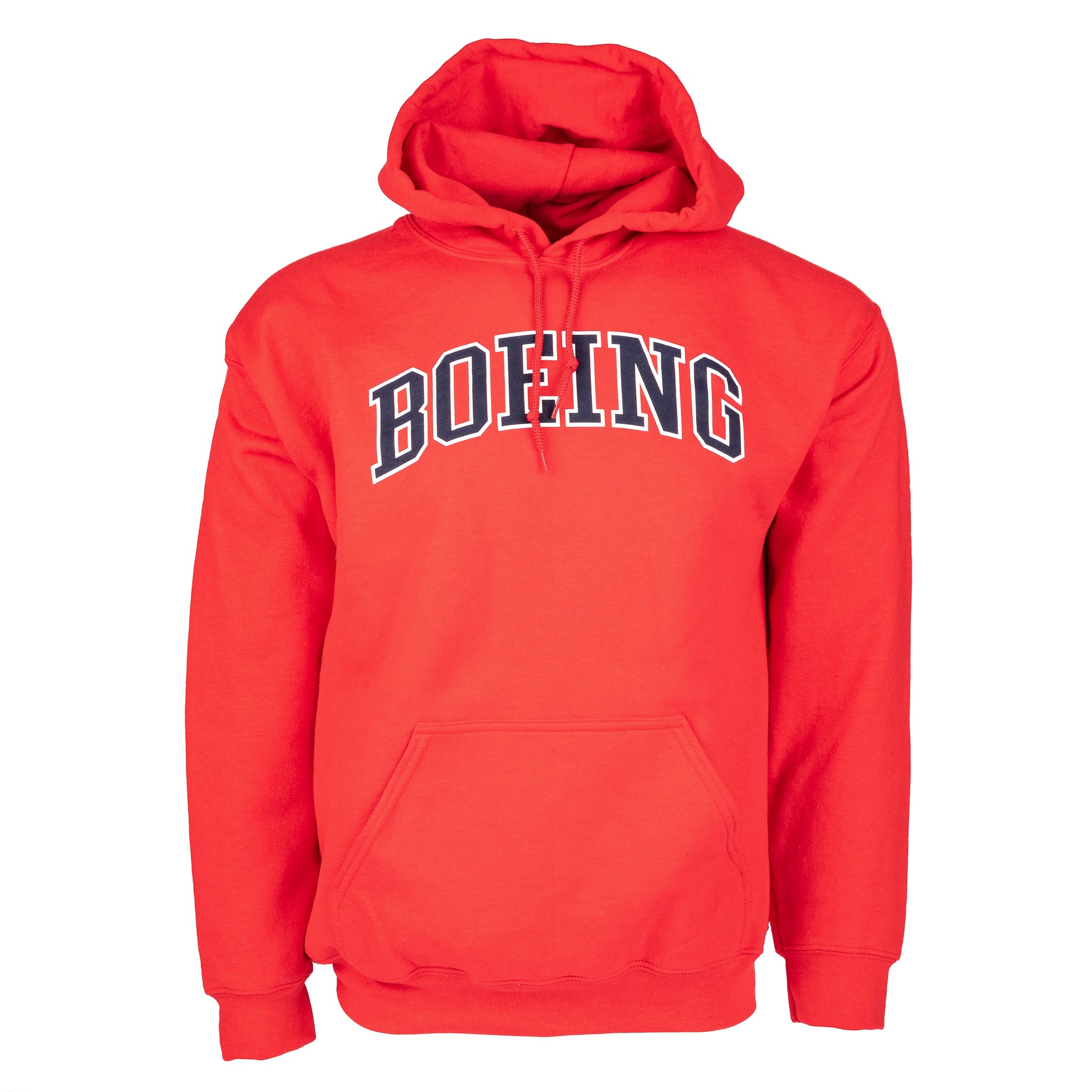Red hoodie with navy Boeing varsity logo across the chest.  Front pouch pocket