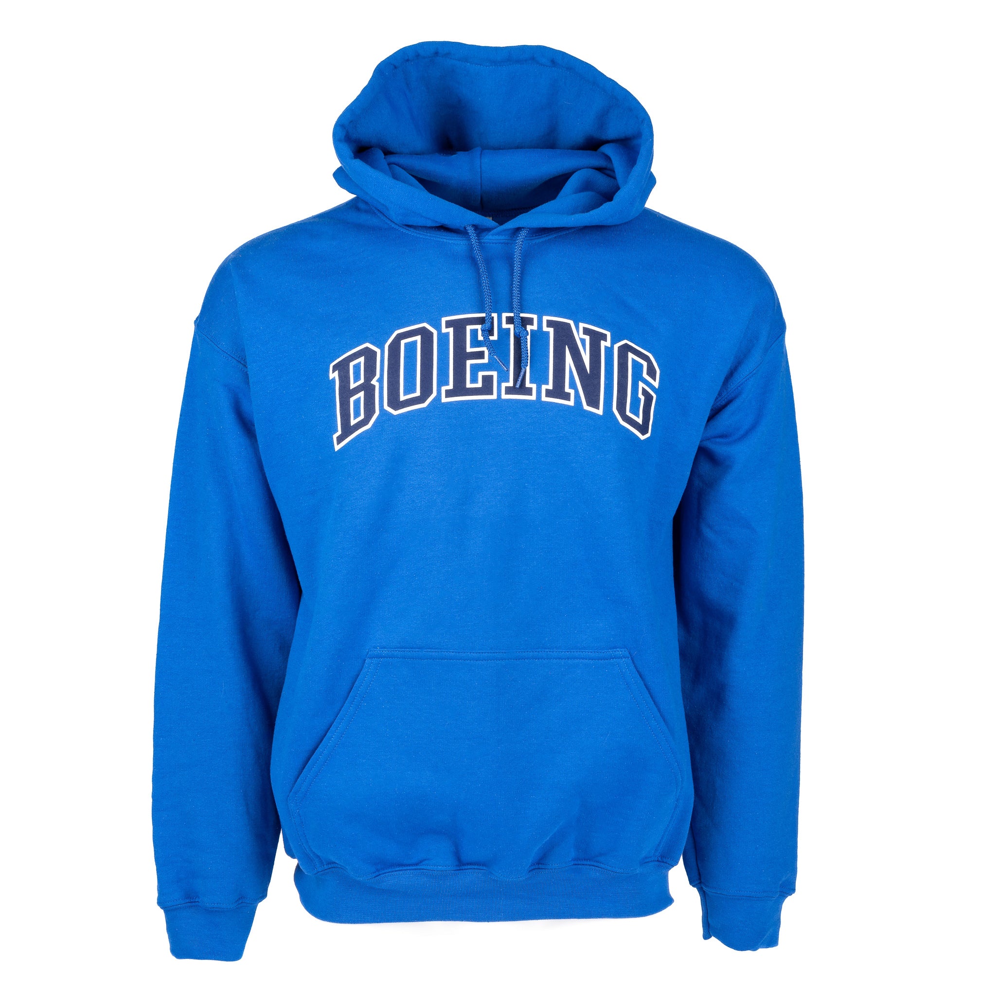 Royal hoodie with navy Boeing varsity logo across the chest.  Front pouch pocket