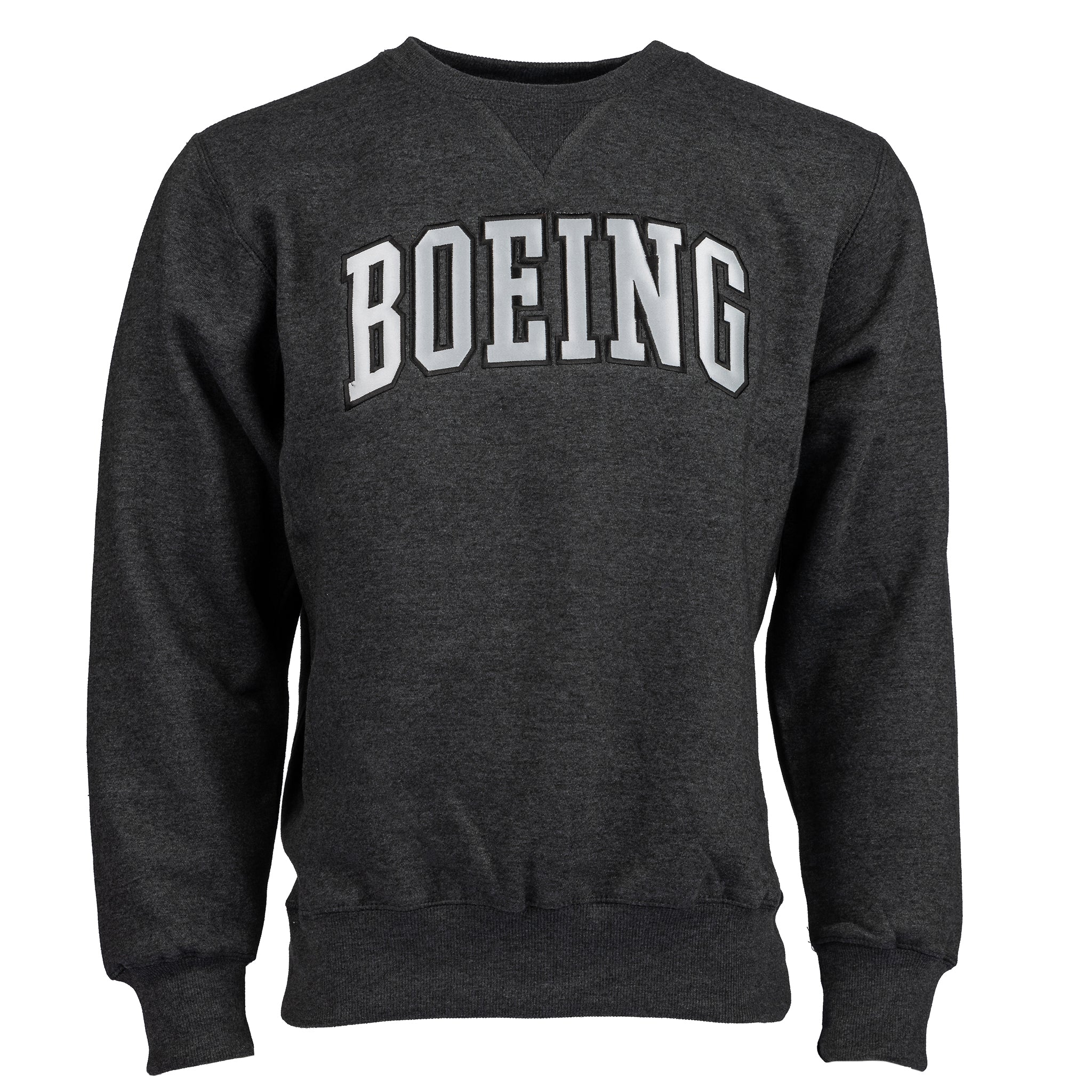 Adult crewneck sweater in heather charcoal color.  Silver Boeing varsity logo across the chest.