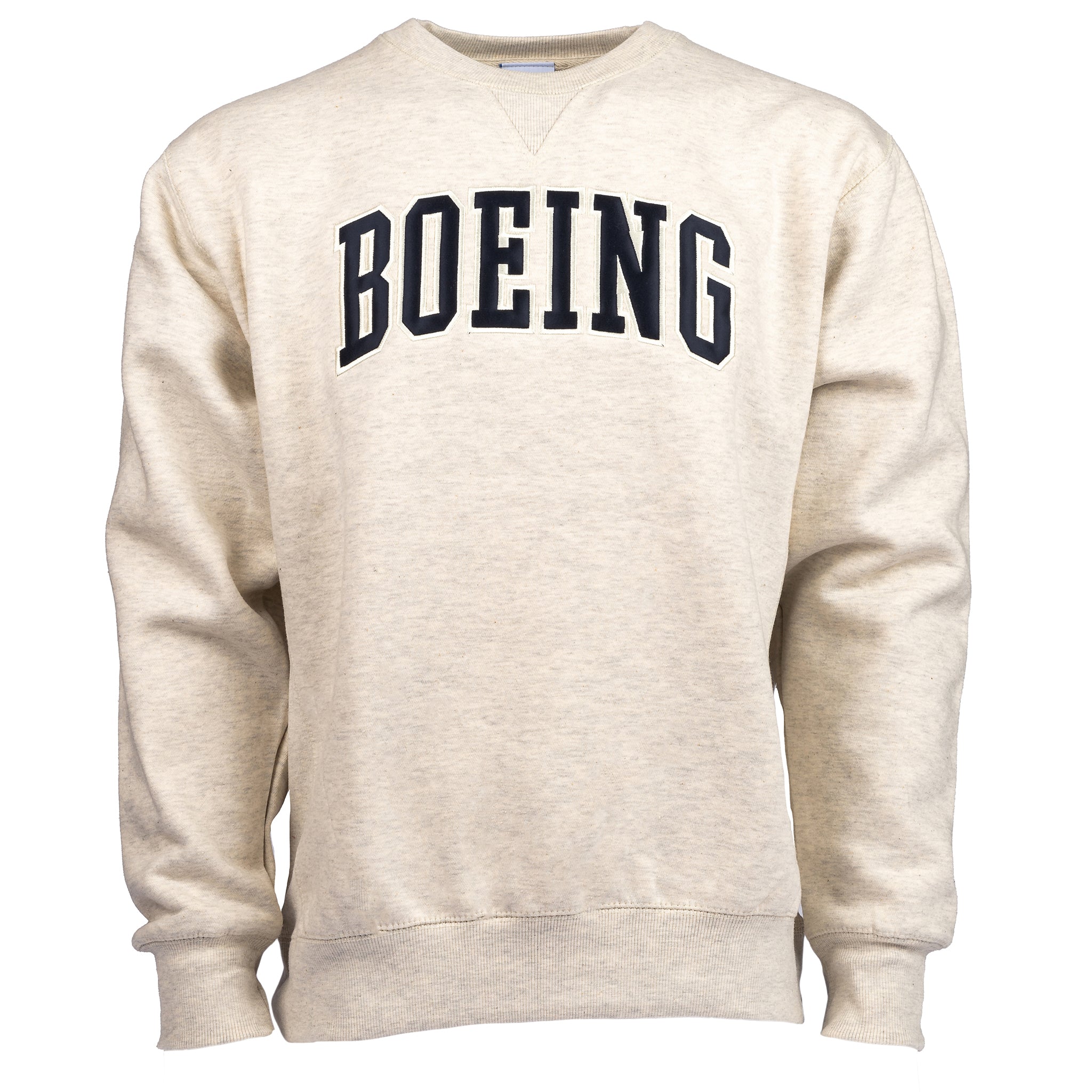 Adult crewneck sweater in oatmeal color.  Dark navy Boeing varsity logo across the chest.