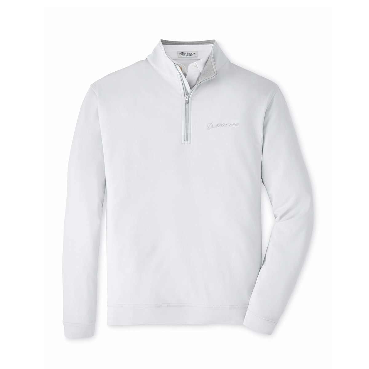 The Boeing Stores Peter Millar Boeing Mens Perth Performance Quarter-Zip Pullover is a light gray, long-sleeve top with a stand collar, zippered placket, and subtle embroidered branding on the left chest, shown on a white background.