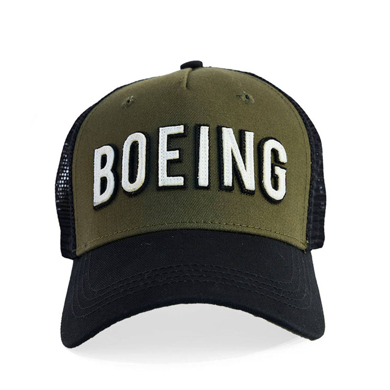 Front view of the Red Canoe Boeing Trucker Hat from The Boeing Store in olive green and black cotton twill with BOEING in large white letters; features breathable black mesh on back and sides.