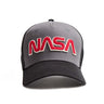 The Boeing Store’s Red Canoe NASA Trucker Hat features a gray and black design, red and white embroidered NASA logo on the front, and an adjustable snapback closure for a comfortable fit.
