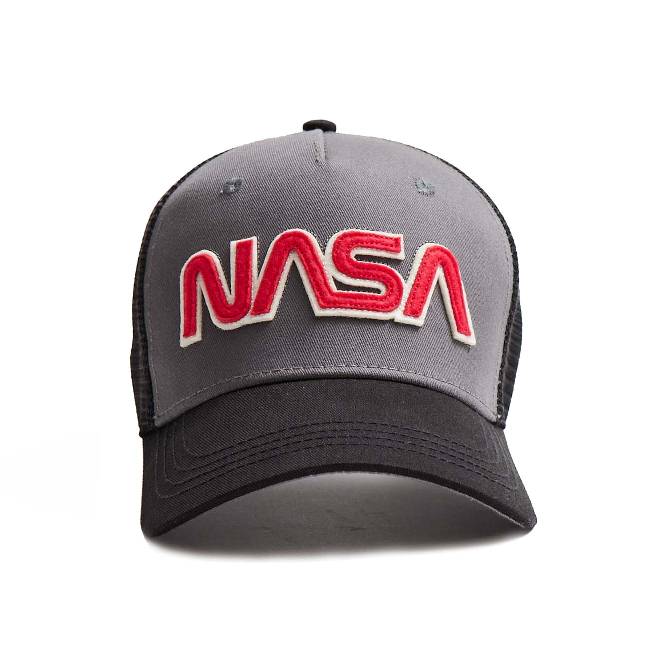 The Boeing Store’s Red Canoe NASA Trucker Hat features a gray and black design, red and white embroidered NASA logo on the front, and an adjustable snapback closure for a comfortable fit.