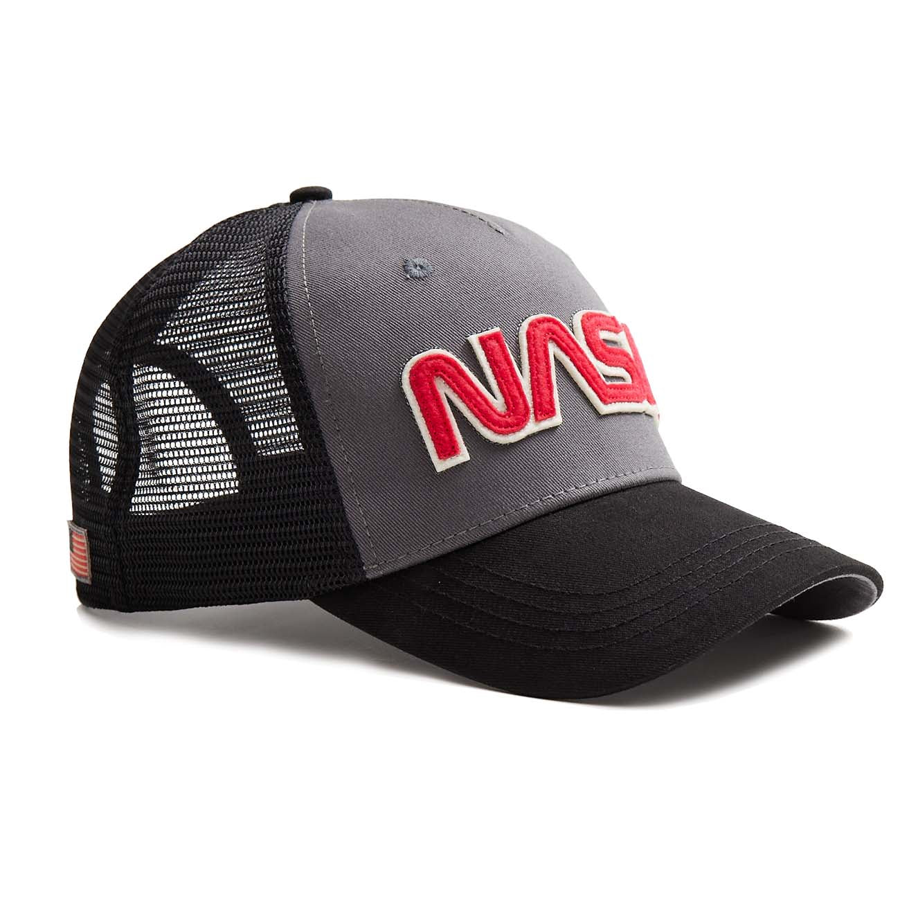 The Boeing Store’s Red Canoe NASA Trucker Hat features a black and gray design, mesh back, snapback closure, and the NASA logo embroidered in bold red and white on the front.