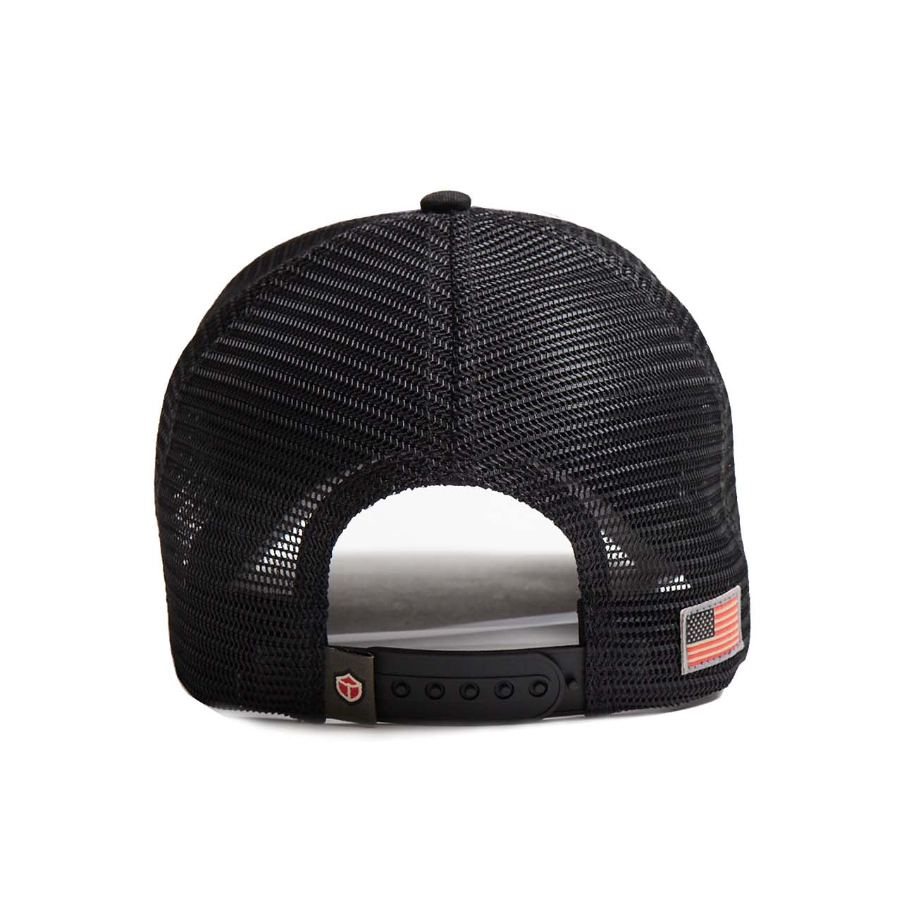 The Boeing Store Red Canoe NASA Trucker Hat, shown from the back, features black mesh, a snapback closure, and a small American flag patch above the band on the right side.