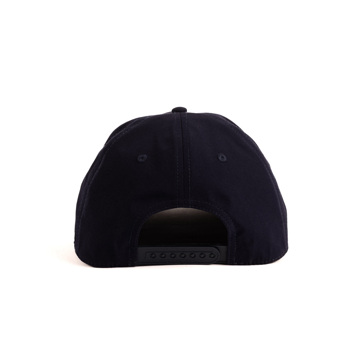 The Boeing Stores Boeing Signature Logo Tech Snapback Hat is a black unisex cap, depicted from the back, with an adjustable snapback closure and two side ventilation holes. Its sleek design stands out against the plain white background.