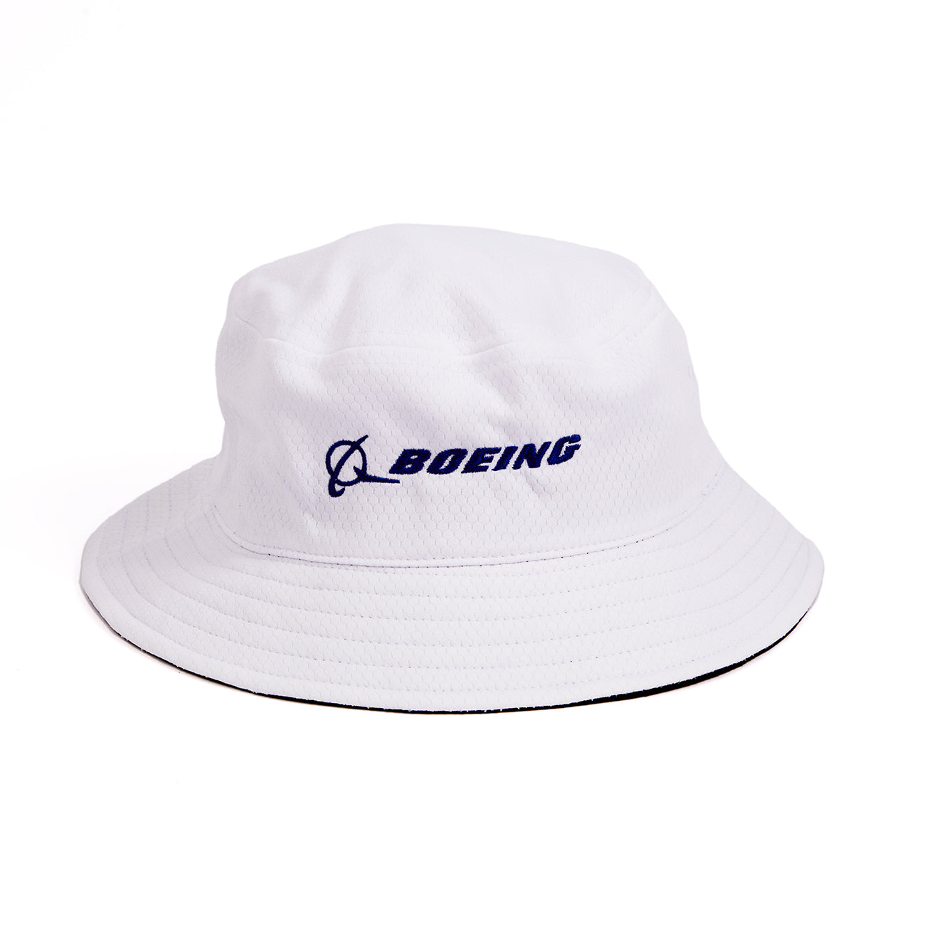 The Boeing Stores Boeing Signature Logo Performance Bucket Hat is white with the Boeing logo and name embroidered in blue, featuring a wide brim for sun protection. Its moisture-wicking fabric adds comfort, combining simple, casual style for sunny days.