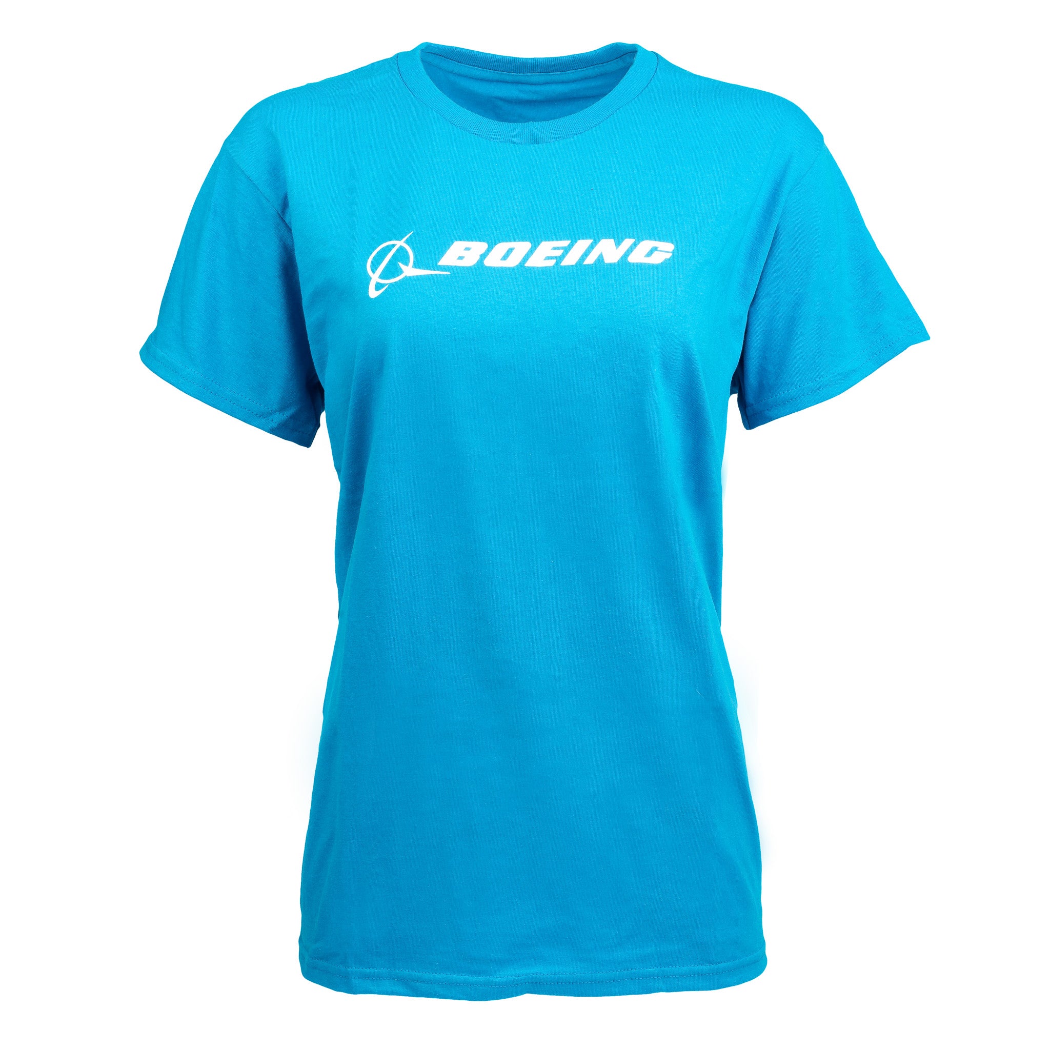 The Boeing Store offers the Boeing Signature Logo Womens T-Shirt in classic fit, showcasing a bright blue color with a white stylized airplane and logo. It features a crew neck and short sleeves for comfort and style.