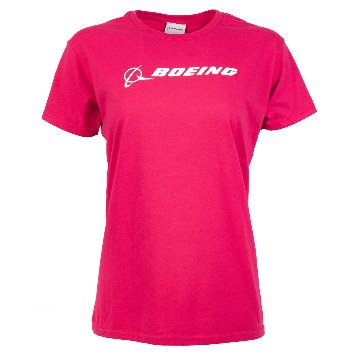 The Boeing Stores bright pink Boeing Signature Logo Womens T-Shirt features a prominent white logo on the chest, a classic fit, crew neckline, and short sleeves.