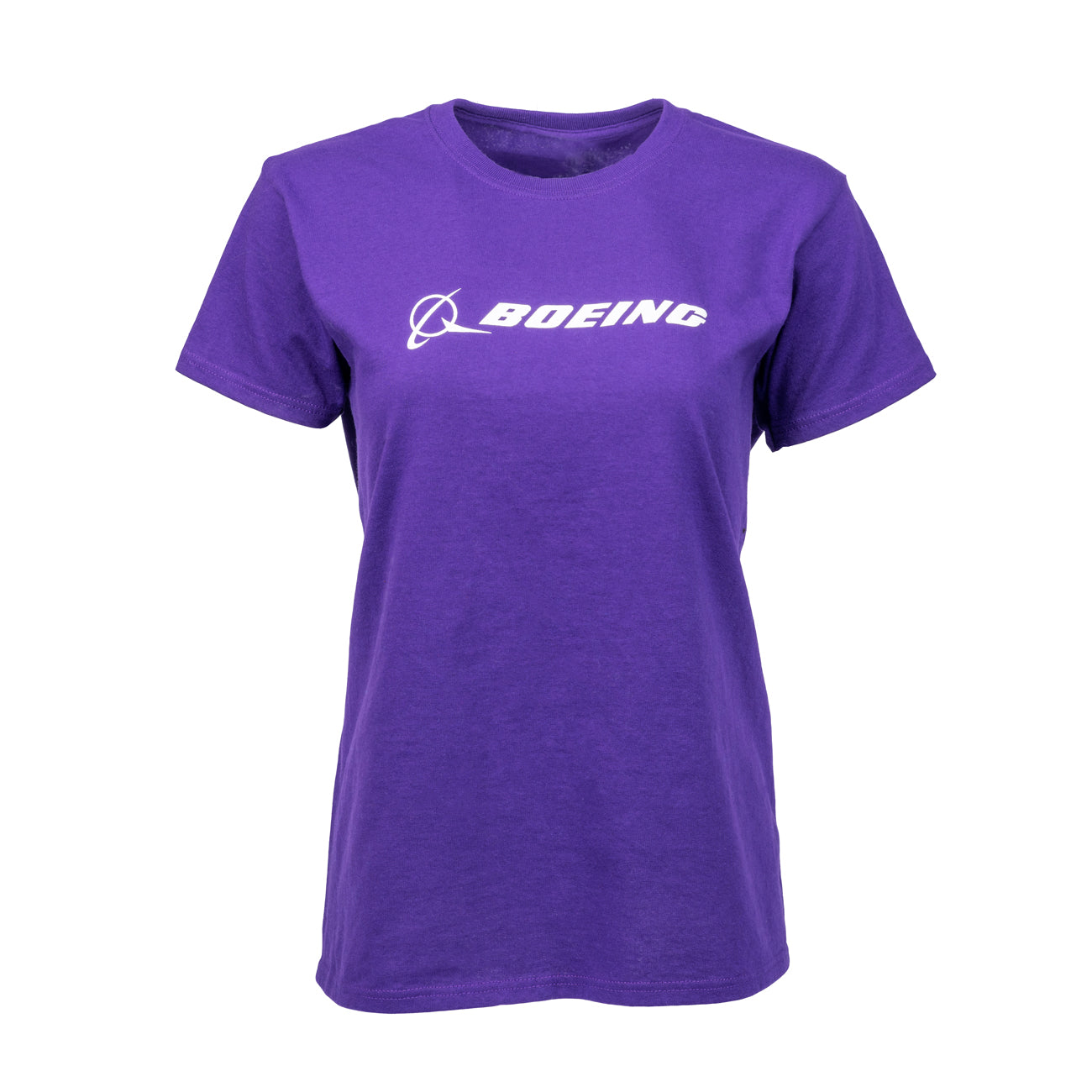 The Boeing Stores Signature Logo Womens T-Shirt features a classic fit and displays the iconic Boeing logo in crisp white across the chest on a purple fabric.