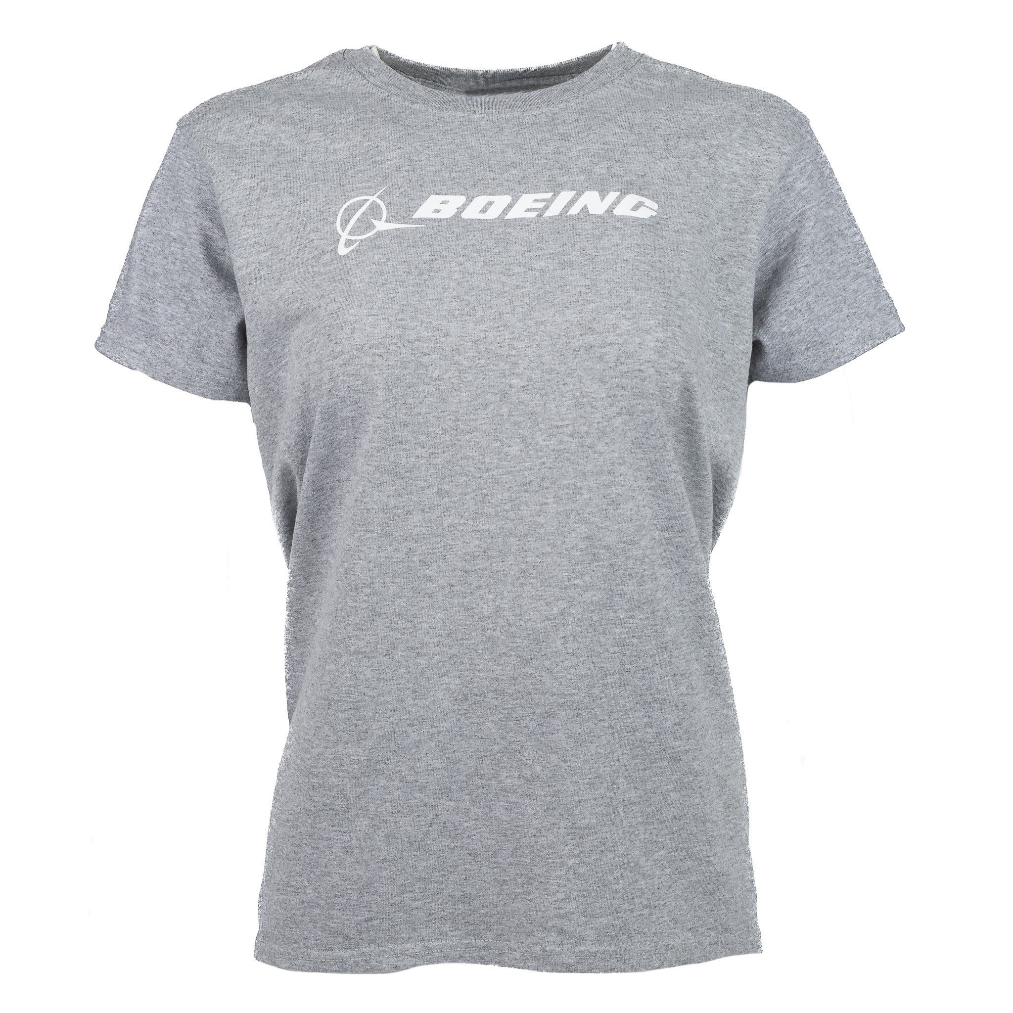 The Boeing Stores Boeing Signature Logo Womens T-Shirt is gray and made from 100% cotton. It features the iconic logo and name in white on the chest, with a classic fit design including short sleeves and a crew neckline for timeless style.