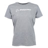 The Boeing Stores Boeing Signature Logo Womens T-Shirt is gray and made from 100% cotton. It features the iconic logo and name in white on the chest, with a classic fit design including short sleeves and a crew neckline for timeless style.