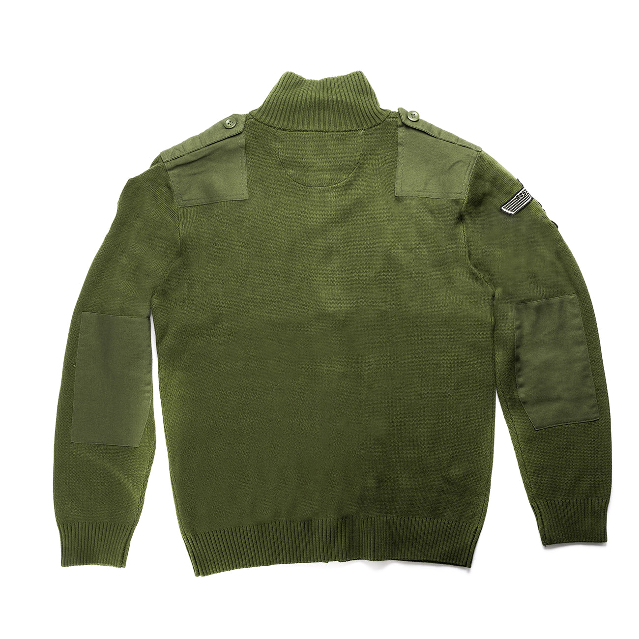 The Boeing Stores Red Canoe Boeing Airplane Logo Cardigan is a green military-style sweater with epaulets, shoulder patches, and ribbed cuffs. It includes a field patch on the left sleeve and is made from thick 100% cotton for warmth.
