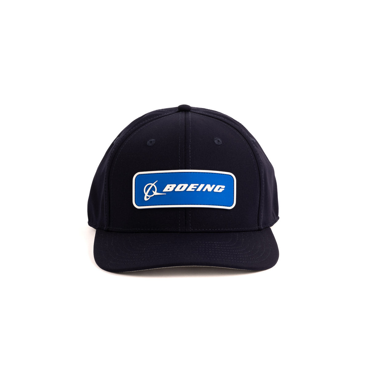 The Boeing Stores Boeing Signature Logo Tech Snapback Hat is a black unisex cap with a blue and white Boeing logo featuring the name in white within a blue rectangle and stylized graphic. It has an adjustable snapback closure, set against a pristine white background.