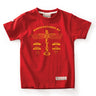 The Boeing Store’s Red Canoe Boeing Kids Airplane Company Logo T-Shirt is a classic 100% cotton red tee with yellow Boeing Airplane Company text, winged logo, specs, and a Red Canoe patch on the lower hem.