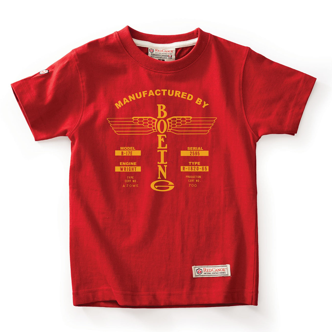 The Boeing Store’s Red Canoe Boeing Kids Airplane Company Logo T-Shirt is a classic 100% cotton red tee with yellow Boeing Airplane Company text, winged logo, specs, and a Red Canoe patch on the lower hem.