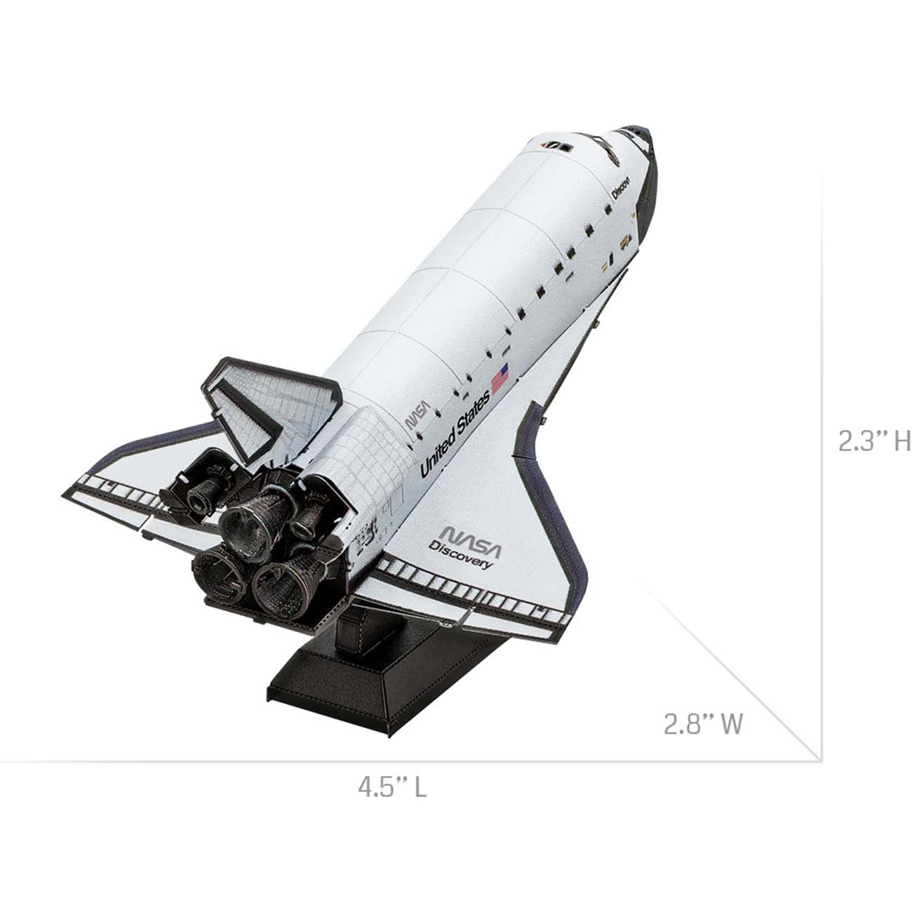 The Boeing Stores Metal Earth 3D Boeing Space Shuttle model features white and black detailing with an American flag, displayed on a stand. Measuring 4.5 x 2.8 x 2.3, its perfect for collectors or hobbyists.