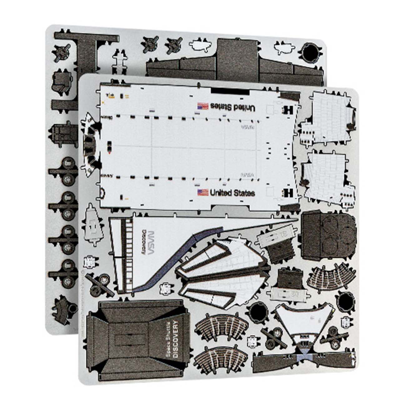 Two metal sheets with laser-cut parts for assembling a Metal Earth 3D Boeing Space Shuttle model from The Boeing Store, featuring labeled pieces and intricate details—ideal for any hobby model kit enthusiast.