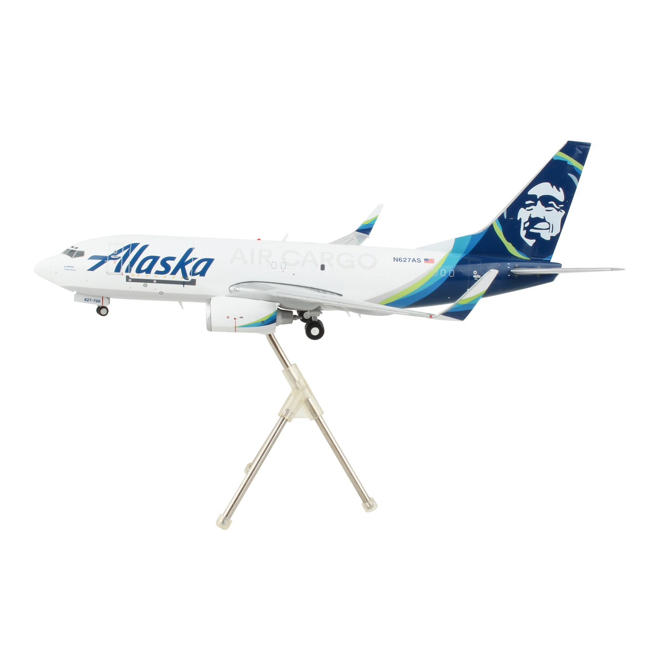 The Daron Alaska Airlines Boeing 737-700 Cargo 1:200 model features a die-cast metal build, display stand, airline logo, blue-green livery with tail face, and realistic landing gear.