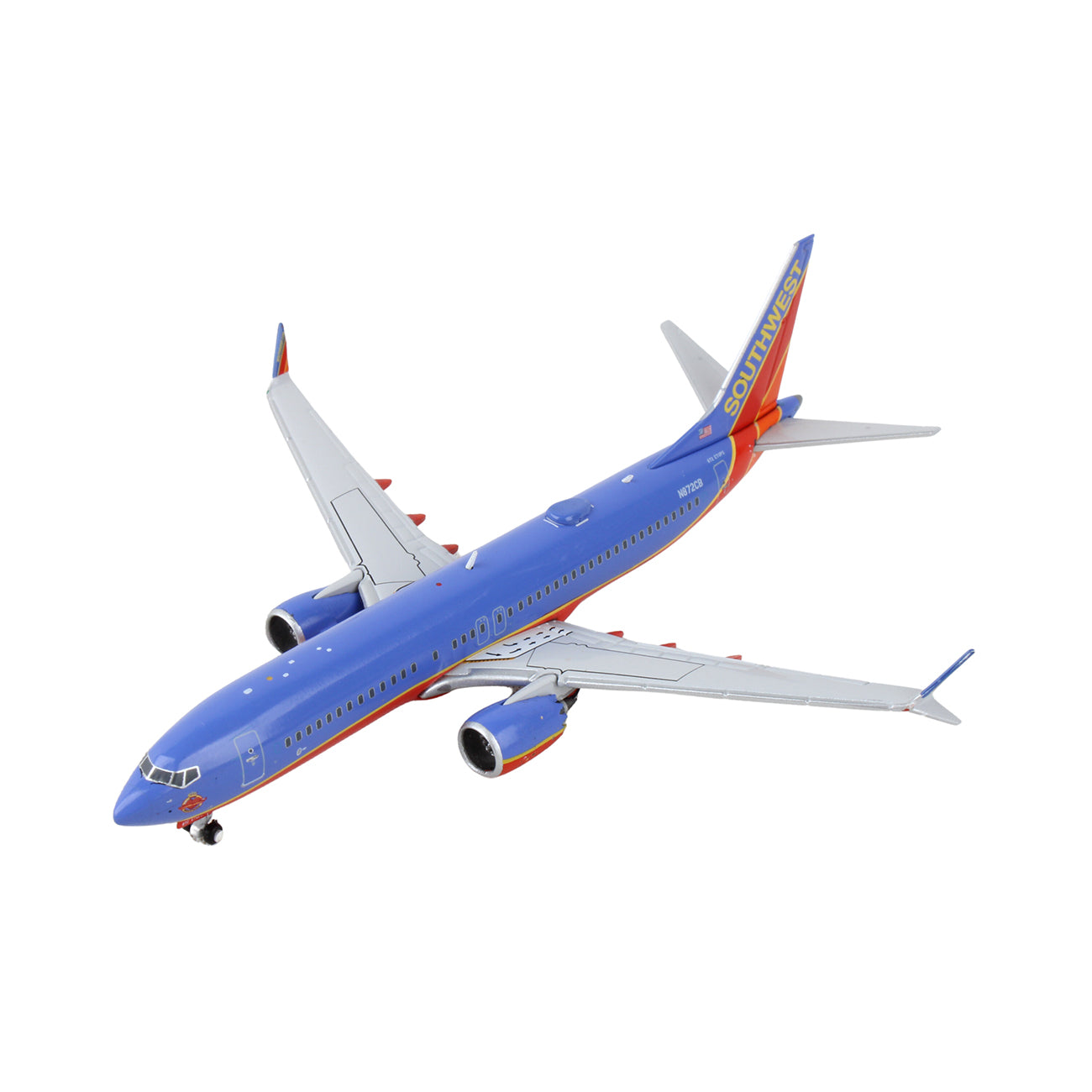 DARONs Southwest Airlines Boeing 737 MAX 8 model is a sleek, die-cast metal airplane at 1:400 scale with a blue and red design, orange accents, two engines, and intricate landing gear on a white backdrop.