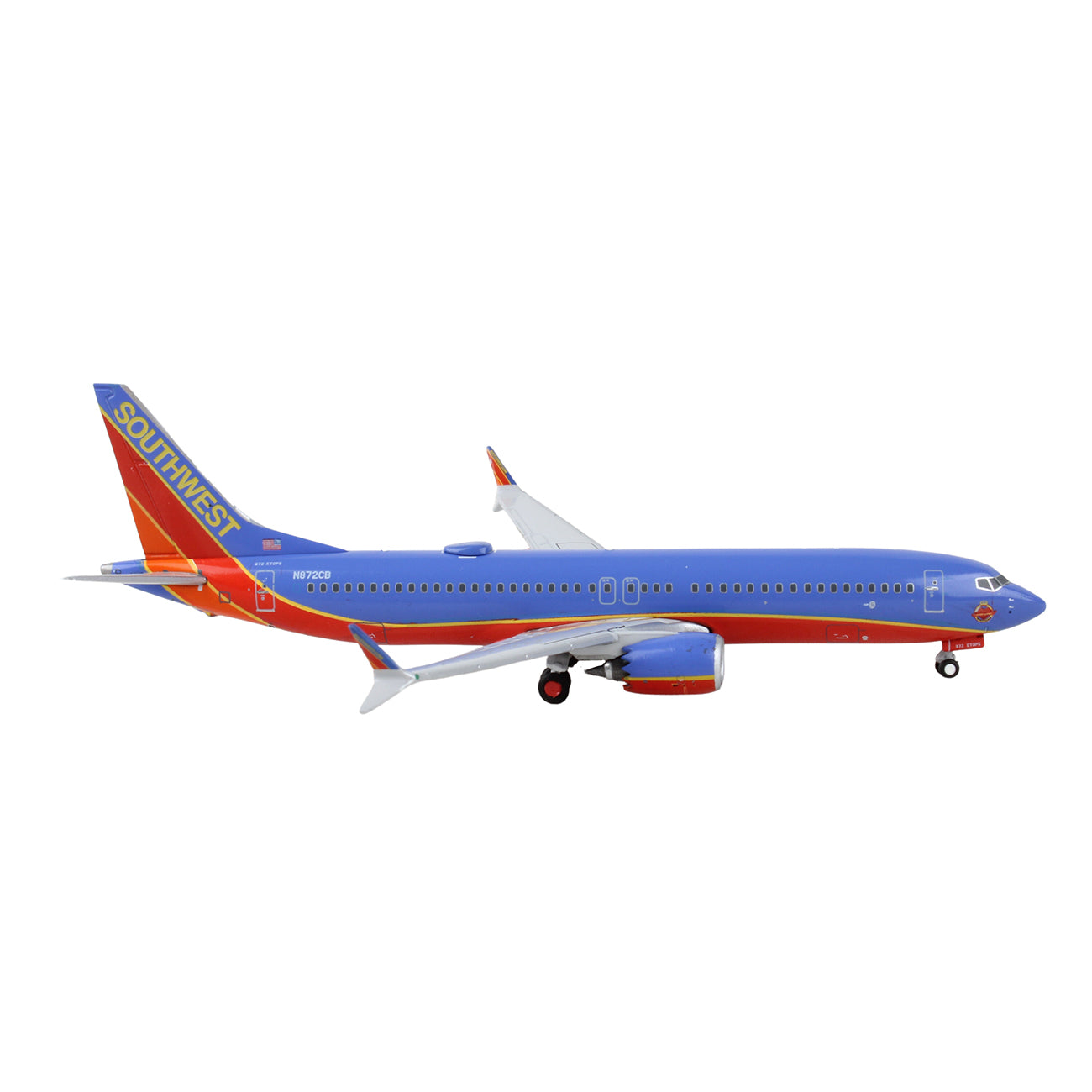 The DARON Southwest Airlines Boeing 737 MAX 8 1:400 model features a die-cast metal design with a blue and red color scheme, shown from the side against a white backdrop, highlighting its Southwest branding on the tail and fuselage.