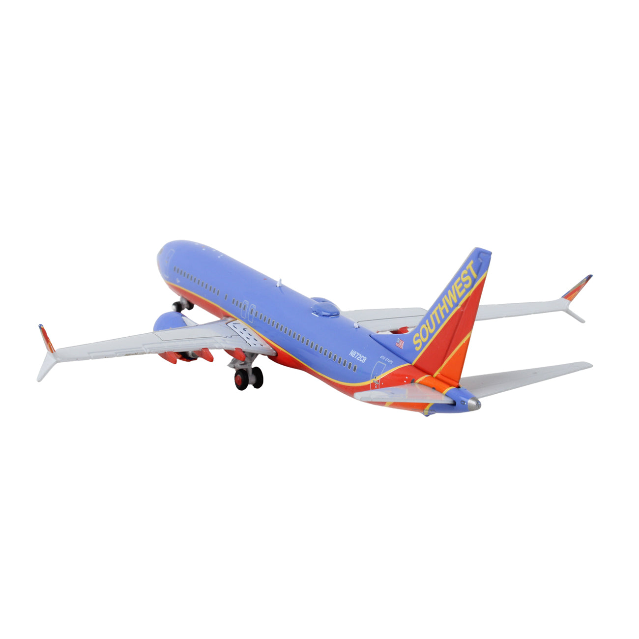 The DARON Southwest Airlines Boeing 737 MAX 8 Model, at a 1/400 scale, elegantly captures mid-flight allure with silver wings and a vibrant fuselage featuring red, blue, and yellow accents. The word Southwest graces the tail fin, and the landing gear exhibits intricate detailing.