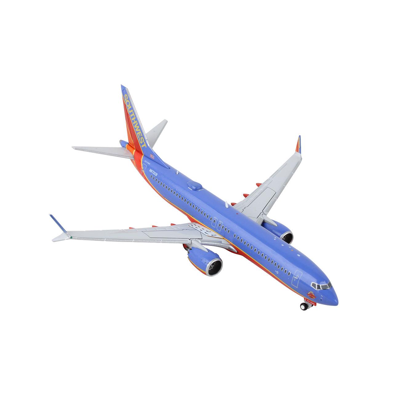 The DARON Southwest Airlines Boeing 737 MAX 8 1:400 model features a captivating blue and orange design with red and orange wing and tail accents. With engines subtly displayed under the wings, the die-cast metal model is shown against a plain white background with retracted landing gear.