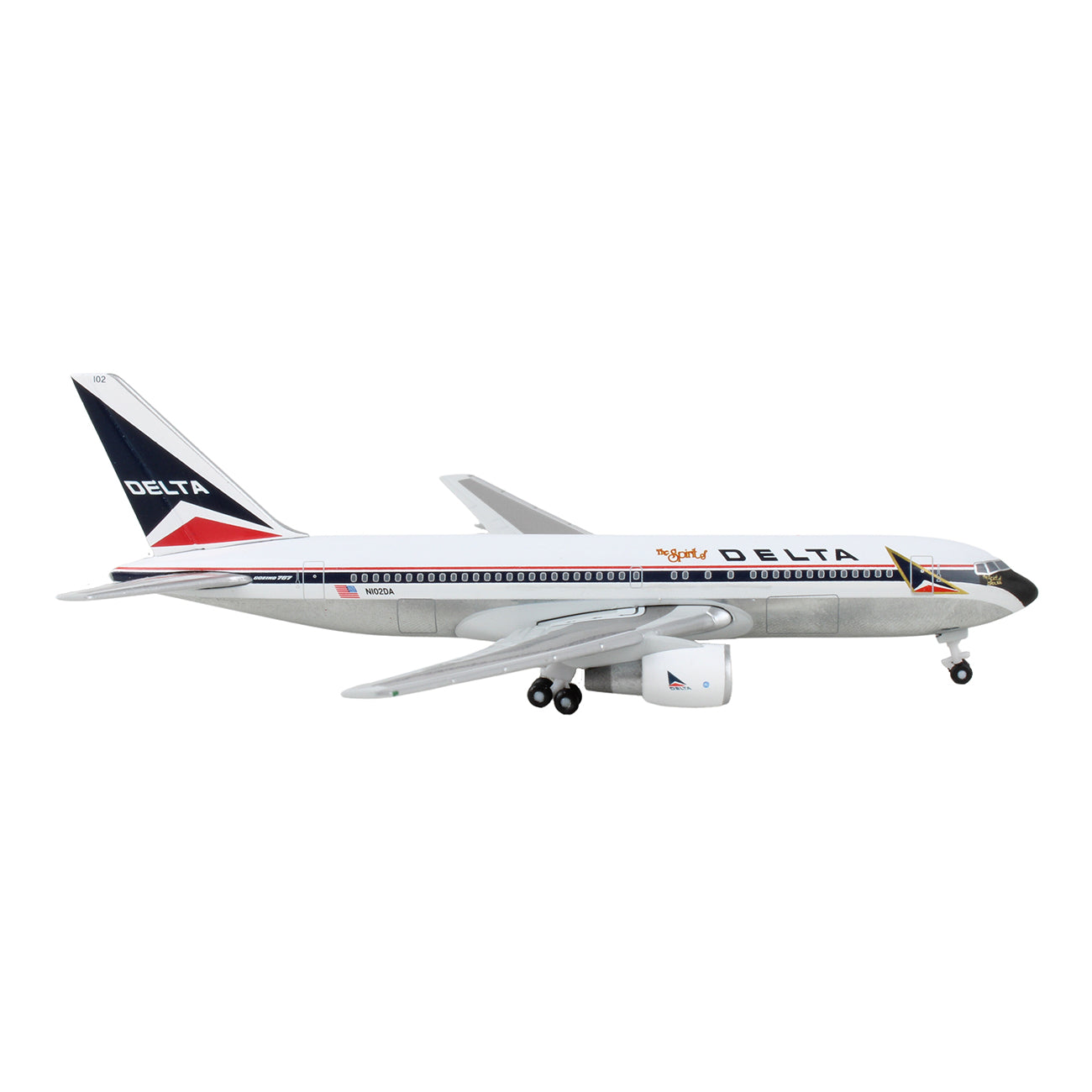 The Daron Delta Air Lines Boeing 767-200 model, in 1:500 scale, features the classic 1980s livery with a predominantly white body and red, black, and blue stripes. This die-cast metal model highlights intricate landing gear details and a sleek commercial jet design.