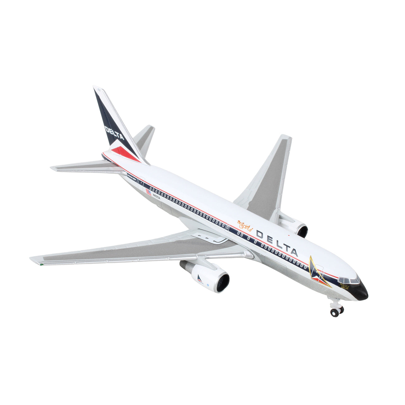 The Daron Delta Air Lines Boeing 767-200 1:500 model is a die-cast plane showcasing its wings, twin engines, and landing gear. The detailed white fuselage features the Delta logo and branding in dark blue and red on the tail and body.