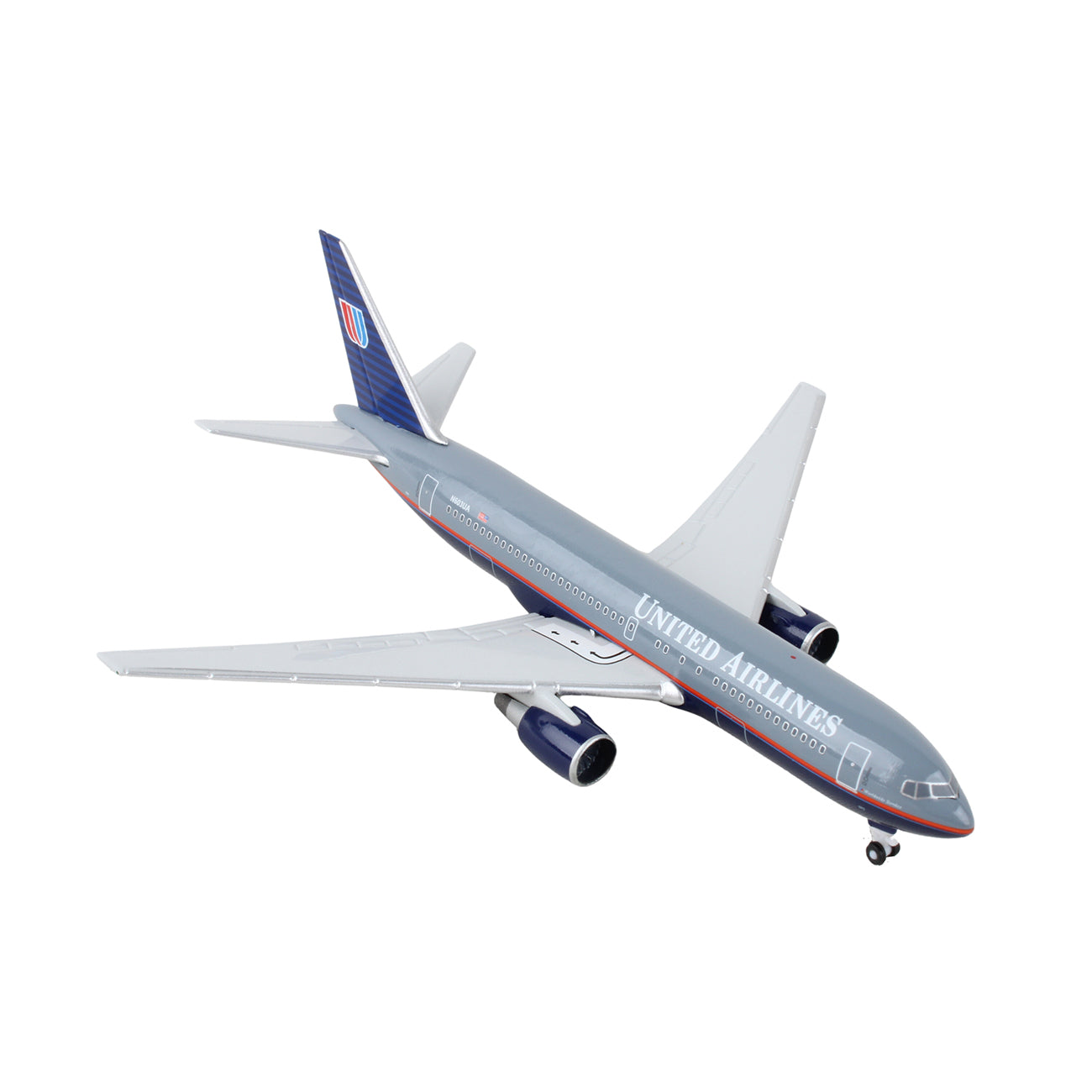 The Daron United Airlines Boeing 767-200 1:500 die-cast model, painted gray with blue, red, and white accents, is displayed isolated on a white background.