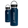 Two dark blue Hydroflask Boeing water bottles from The Boeing Store, made of stainless steel with black lids and handles. One displays the Boeing logo, the other features Hydro Flask’s. Both have a sleek cylindrical design with a wide mouth for easy filling and pouring.