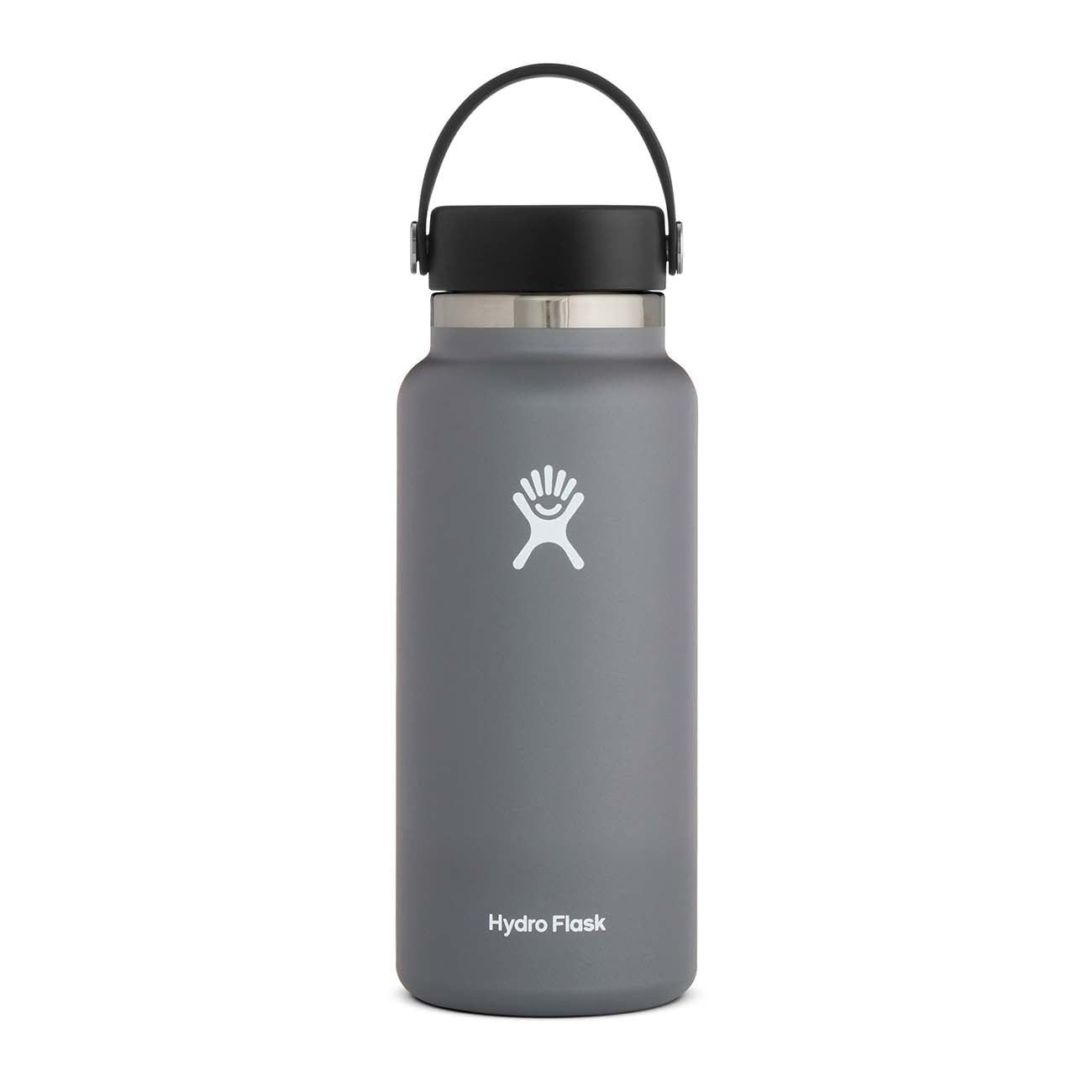 A stainless steel Hydroflask Boeing Water Bottle in gray features a black lid and handle. It has a wide mouth design, white logo, and Hydro Flask text near the bottom, standing elegantly against a plain white background. Available from The Boeing Store.