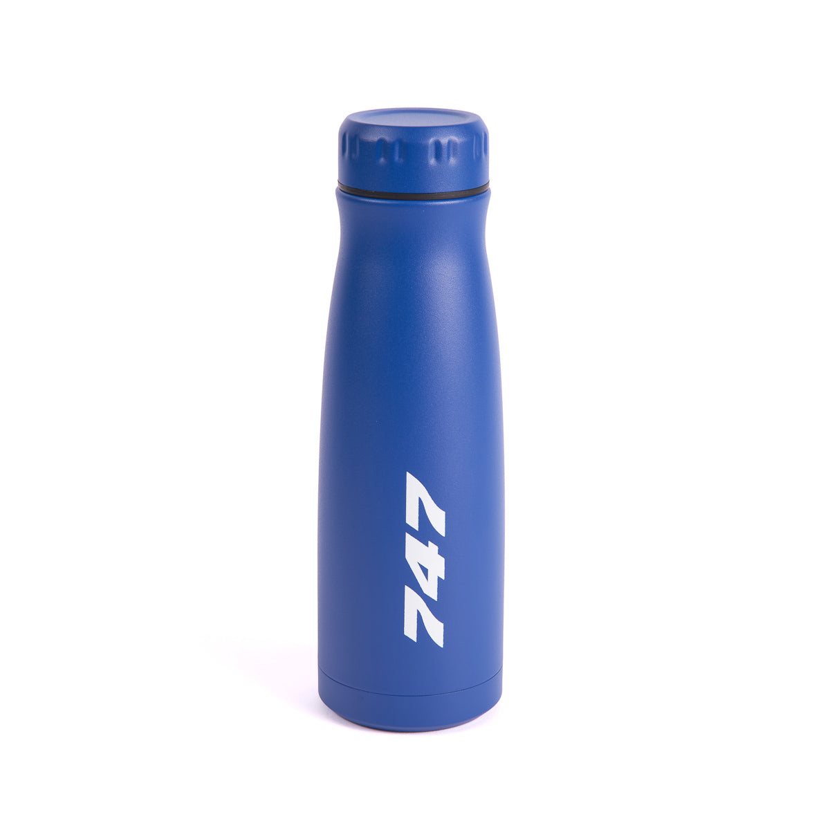 The Boeing Stores Boeing 747 Stratotype Water Bottle is blue with the number 747 in white vertically on its side, evoking aviation themes. It features a matte finish, screw-on cap, and reflects the sleek design of the iconic Boeing 747.