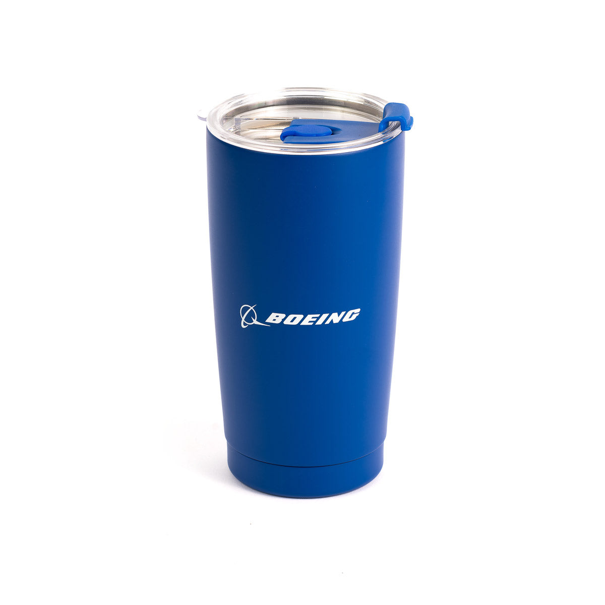 The Boeing Royal Tumbler from The Boeing Store is a blue stainless steel tumbler with a clear, sliding leak-proof lid and the Boeing logo in white on the front.