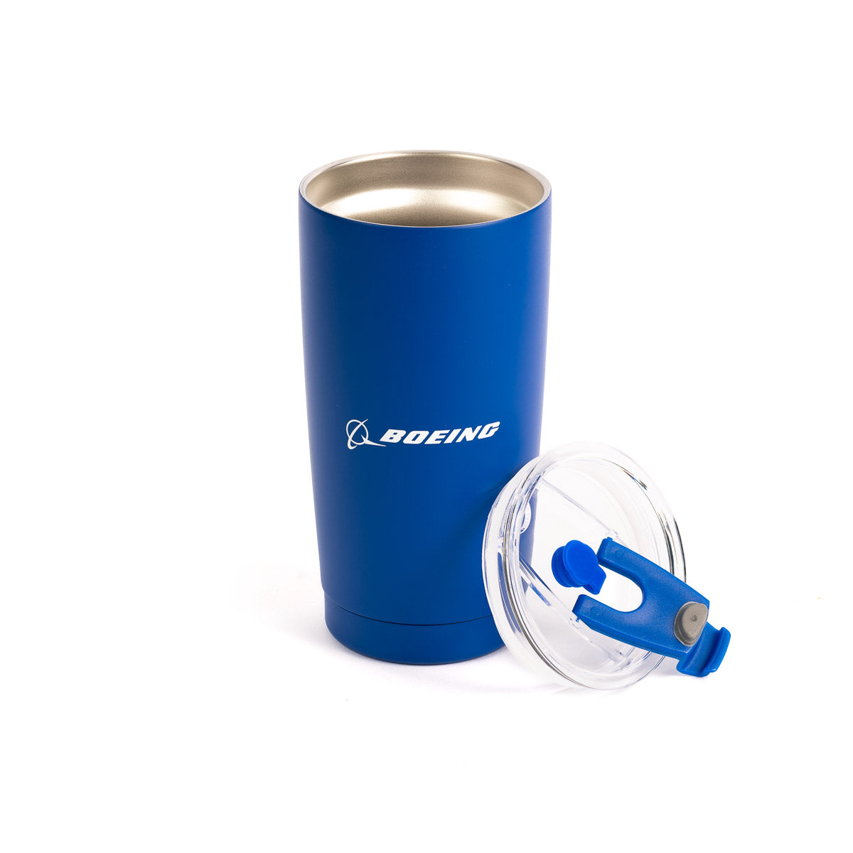 The Boeing Royal Tumbler by The Boeing Store is a blue stainless steel tumbler featuring a leak-proof lid with a clear top and blue slider, and displays the Boeing logo on a white background.