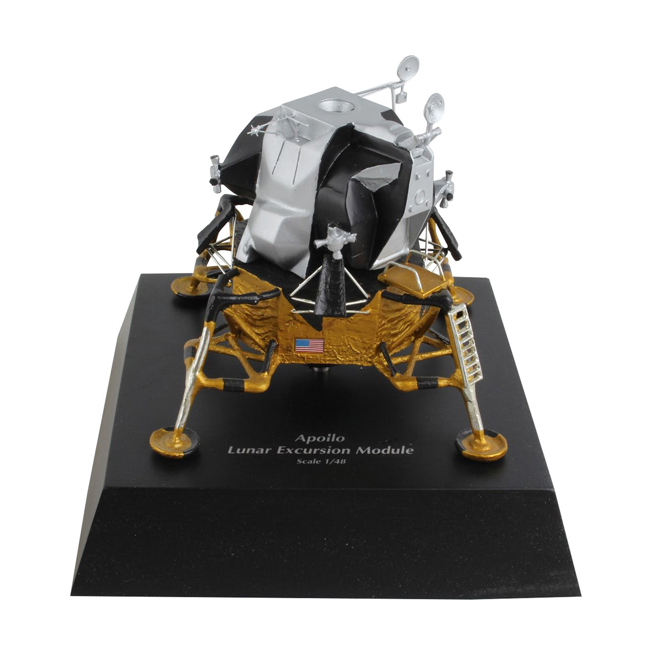 The Daron Boeing Lunar Excursion 1:48 Module features gold and silver details, antennas, a US flag, and sits on a labeled black base—perfect for collectors and space enthusiasts.