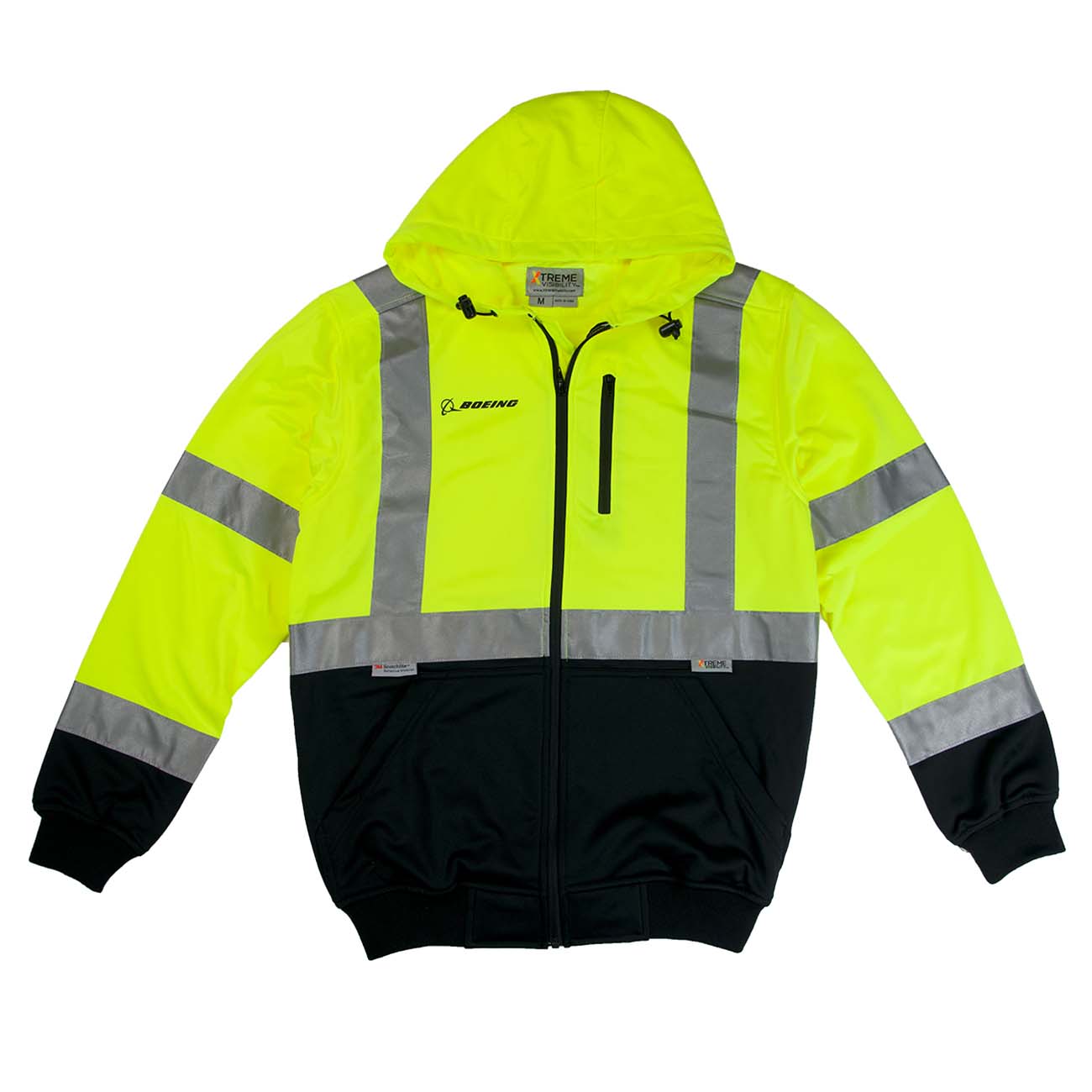 The Boeing Class 3 Safety Full-Zip Sweatshirt by The Boeing Store is a high-visibility yellow and black hoodie with reflective gray stripes on the arms, chest, and back. It includes a hood, zip chest pocket, black cuffs and hem, plus prominently displayed logo and text on the front.
