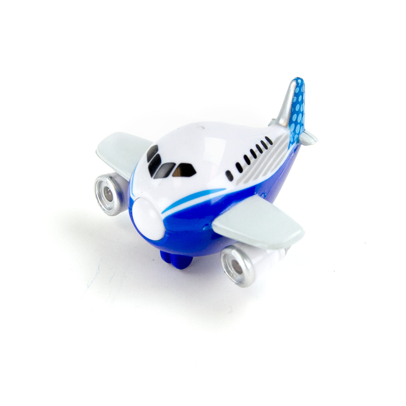 The Boeing Sound & Light Pudgy Magnet from The Boeing Store resembles a playful Boeing 787 Dreamliner. It features a blue and white body with gray wings and engine details, plus a charming tail with blue and white polka dots. Its simple, cartoonish design offers an inviting, child-friendly vibe.